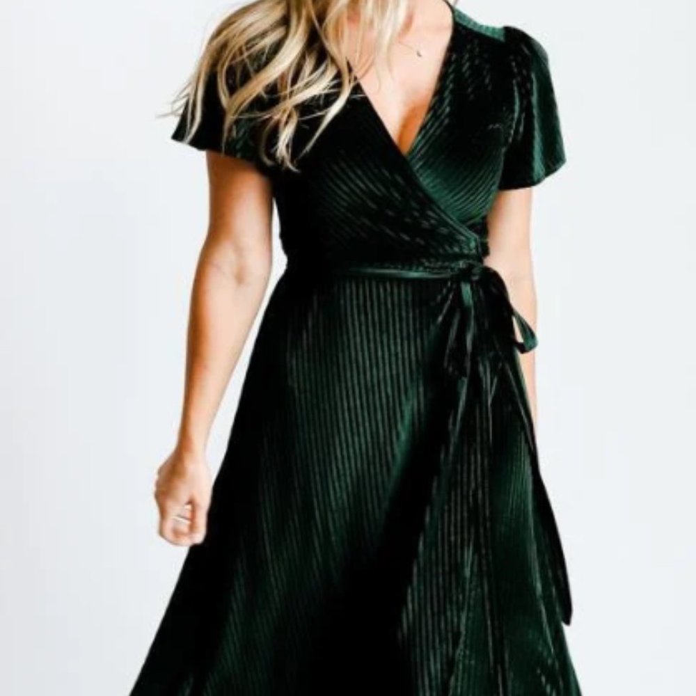 BalticBorn Andi Emerald Ribbed Velvet Wrap Dress